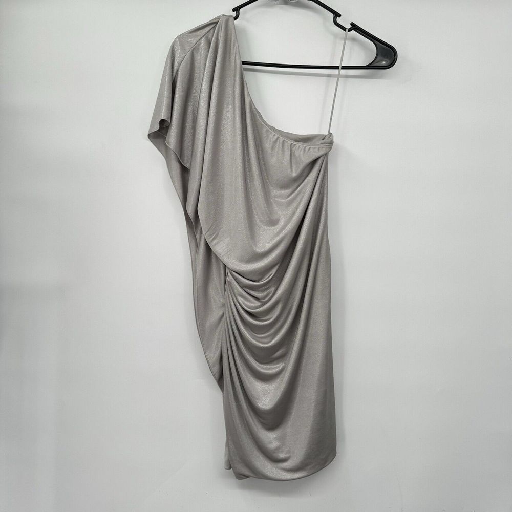 Express XS One Shoulder Mini Dress Womens Silver Metallic Ruched Draped Party